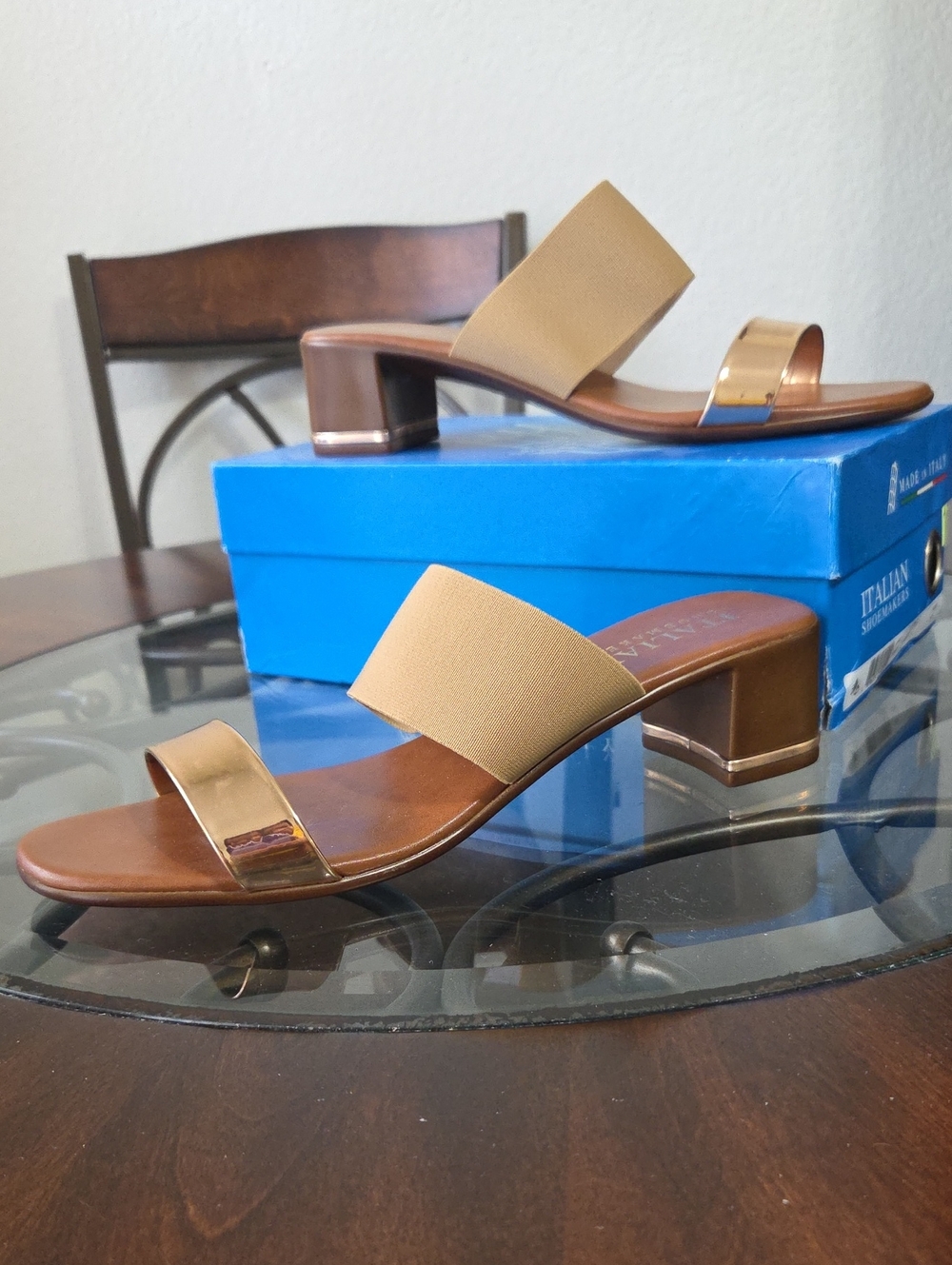 Italian Shoemakers Tan and Metallic Gold Low Block Heel Mules